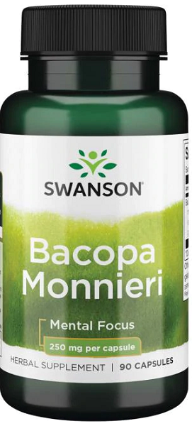 Swanson Bacopa Monnieri is a dietary supplement for mental focus that provides 250 mg in 90 capsules.