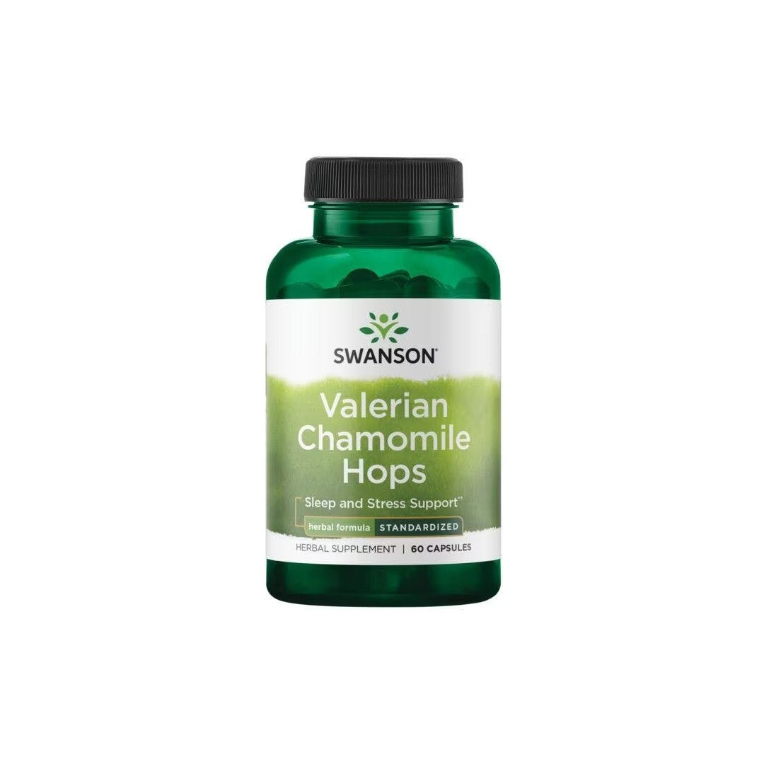 Bottle of Swanson brand Valerian Chamomile Hops - Standarized 60 Capsules herbal supplement with anti-inflammatory properties for sleep and stress support.
