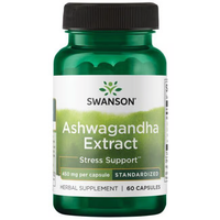 Thumbnail for Swanson's Ashwagandha Extract offers stress relief and support with 60 capsules, standardized to 450 mg each. The bottle is green.