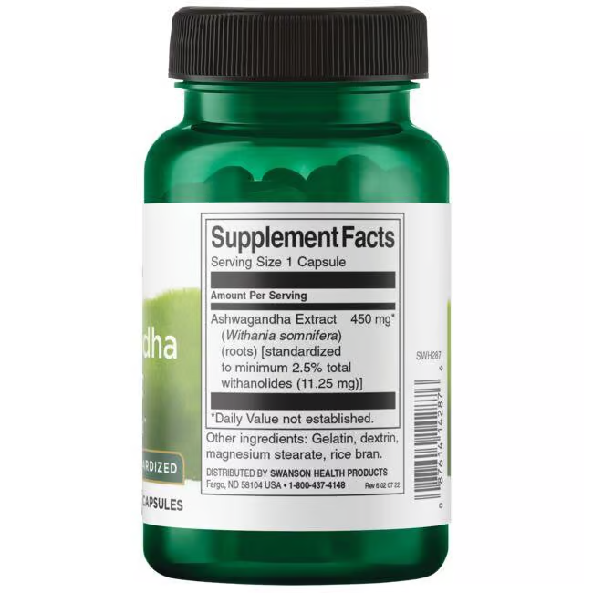 The Swanson Ashwagandha Extract 450 mg, presented in a green bottle of 60 capsules, emphasizes its role as a potent adaptogen. The label notes 450 mg of extract standardized to 2.5% withanolides, highlighting its Ayurvedic roots for holistic wellness.