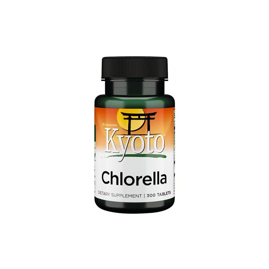 A bottle of Swanson Kyoto Brand - Chlorella dietary supplement, 300 tablets, rich in chlorophyll superfood benefits, with a green and orange label and black cap.