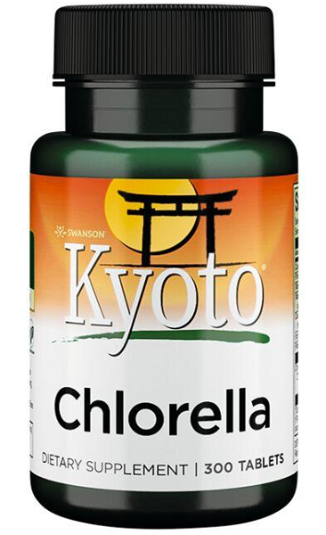 A bottle of Swanson Kyoto Brand - Chlorella 300 Tabletten Swanson, rich in detoxification properties and essential amino acids.