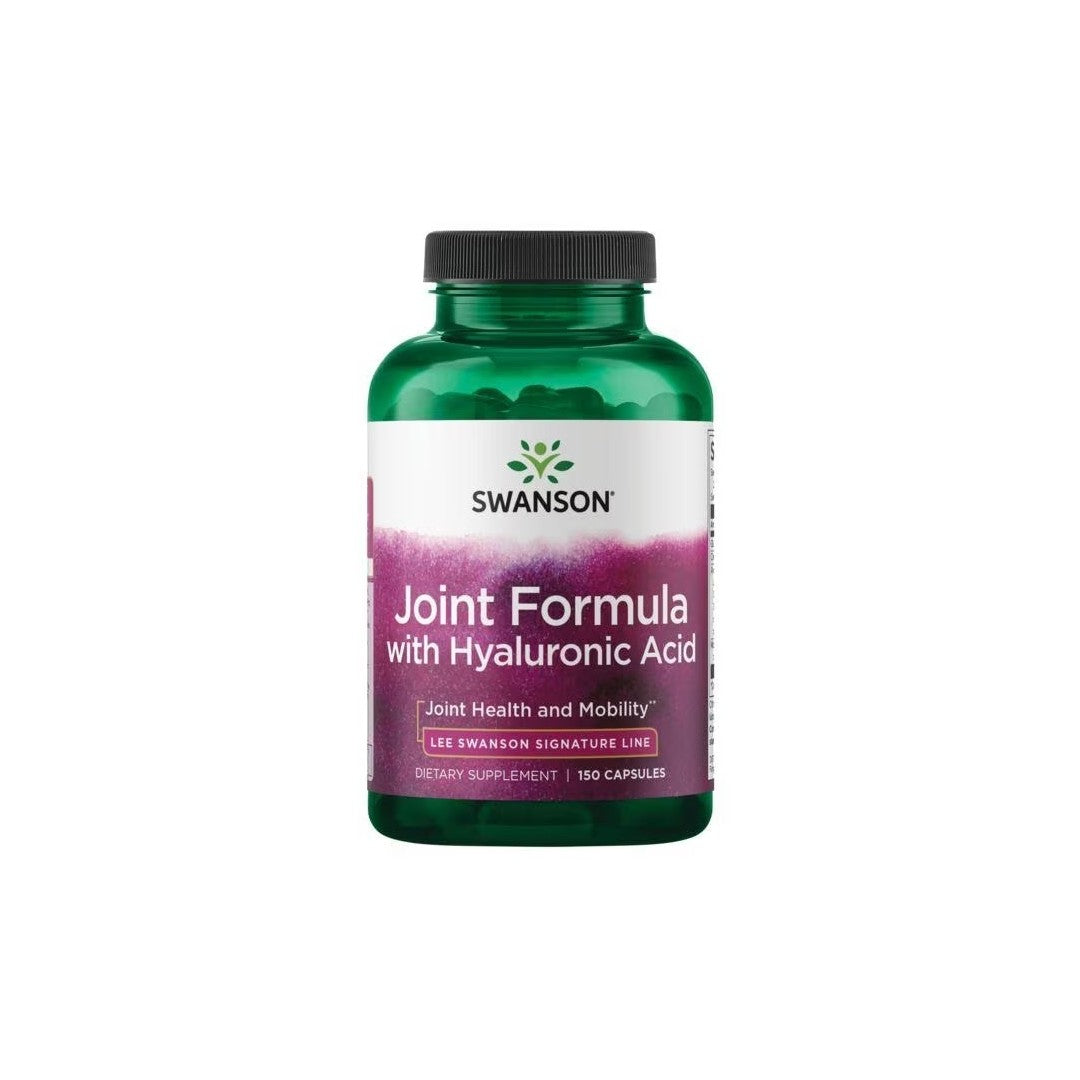 A bottle of Swanson Joint Formula with Hyaluronic Acid and Glucosamine HCI 150 Capsules, containing 150 capsules. The label highlights its support for joint health and mobility.