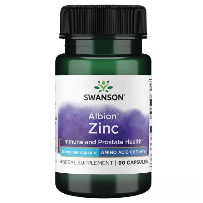 Swanson Zinc Albion Chelated offers 90 capsules with 30 mg each, designed for immune and prostate health while supporting metabolism.