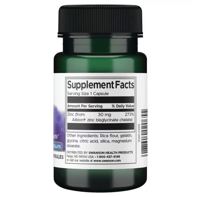 A bottle of Swanson's Zinc - 30 mg Albion Chelated supplements highlights its label and supplement facts, emphasizing immune support. Each capsule contains 30 mg of zinc.