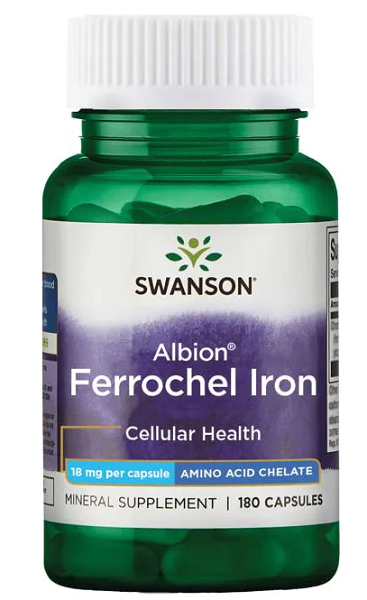 A bottle of Swanson Ferrochel Iron - 18 mg 180 capsules Albion Chelated.