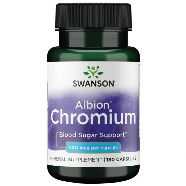 A bottle of Swanson Albion Chromium dietary supplement contains 180 capsules with 200 mcg per capsule, offering chromium picolinate for blood sugar support and weight loss.