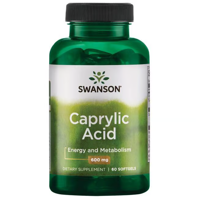 Explore the benefits of Swanson Caprylic Acid 600 mg with 60 softgels in a green bottle. These MCT-rich capsules support energy and metabolism, known for their antifungal properties, to keep you energized and healthy.