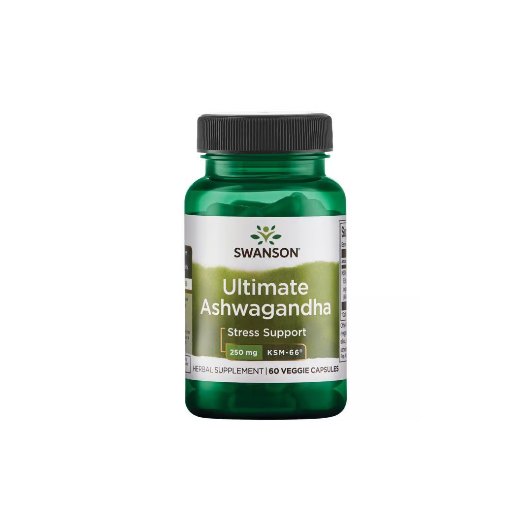 A green bottle of Swanson Ashwagandha contains 250 mg KSM-66 in 60 veggie capsules and is labeled as an adaptogenic herb for stress support.