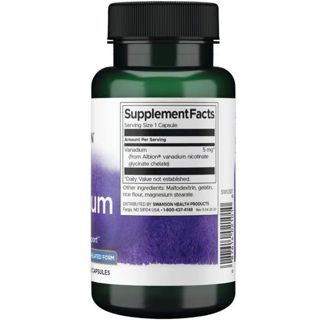 Swanson's Albion Vanadium 5 mg, available in a 60-capsule bottle, features a label with nutritional details and ingredients to support metabolic health and healthy blood sugar levels.