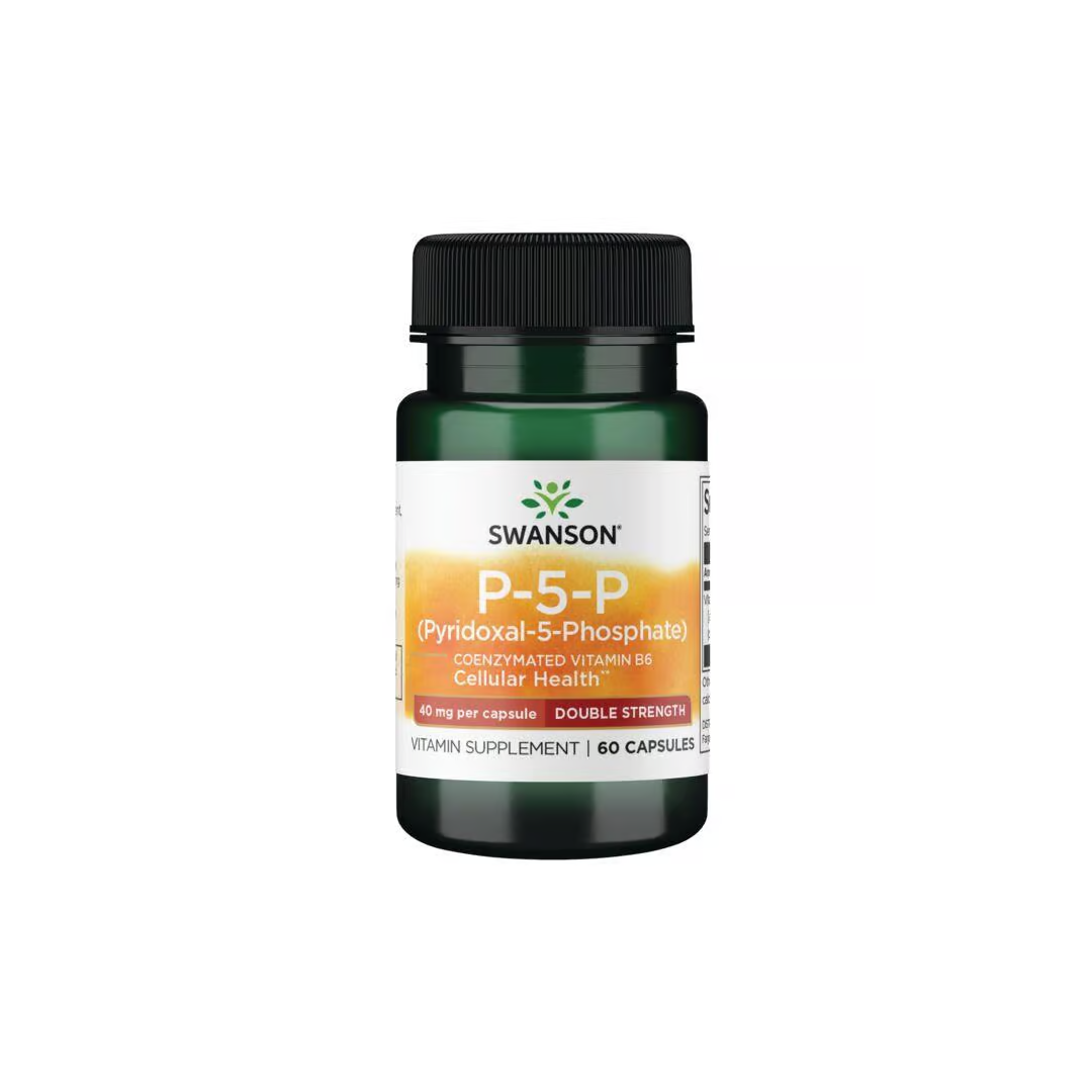 Swanson's P-5-P (Pyridoxal-5-Phosphate) offers double-strength 40mg vitamin B6 per capsule, supporting cellular health and cardiovascular wellness. Each bottle contains 60 capsules.