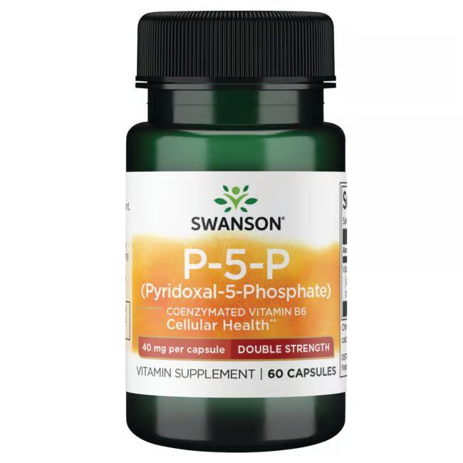 A bottle of Swanson's P-5-P (Pyridoxal-5-Phosphate) Double Strength supplement contains 60 capsules with 40 mg each for cellular and cardiovascular health.