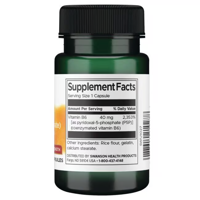 The Swanson P-5-P (Pyridoxal-5-Phosphate) 40 mg Double Strength capsules promote cardiovascular health, featuring ingredients like rice flour and gelatin, with vitamin B6 detailed in the supplement facts.