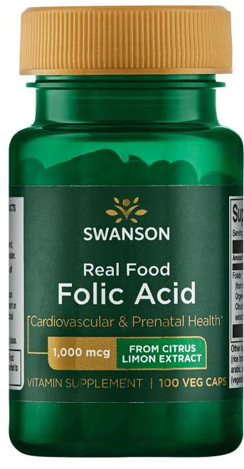 A bottle of Swanson Real Food Folic Acid - 1000 mcg 100 veggie capsules.
