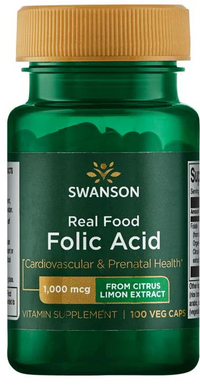 Thumbnail for A bottle of Swanson Real Food Folic Acid - 1000 mcg 100 veggie capsules.