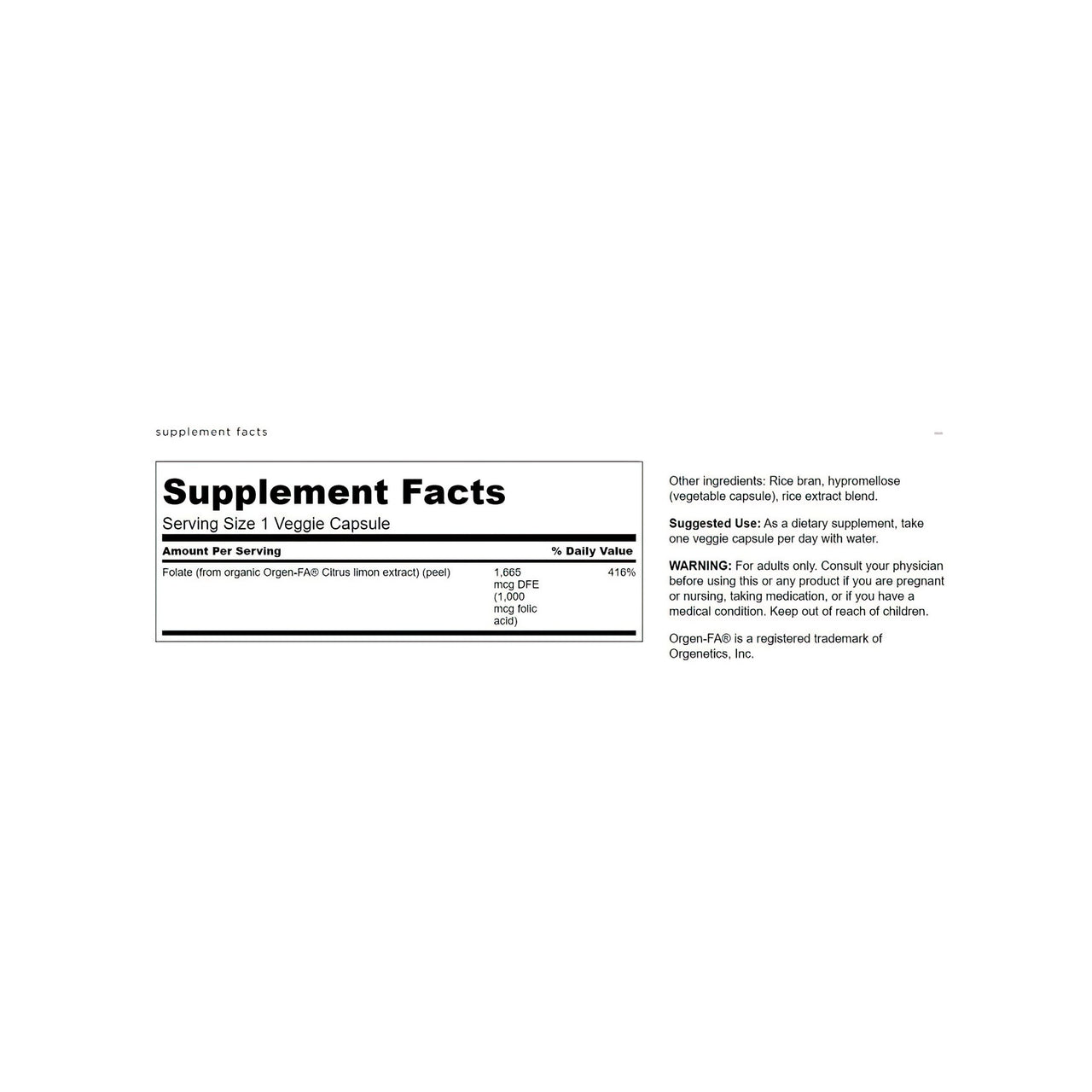 A label for Swanson Folic Acid - 1000 mcg 100 veggie capsules Real Food supplement.
