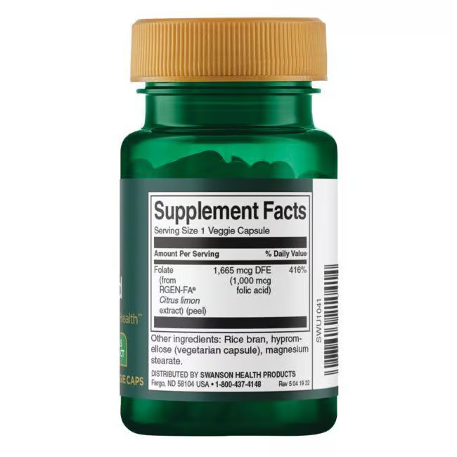 Swanson's Folic Acid - 1000 mcg Real Food veggie capsules come in a green bottle and feature a label highlighting 1,665 mcg DFE of folate. It includes rice bran and hypromellose, offering enhanced pregnancy support through Vitamin B9 (folic acid) supplementation.