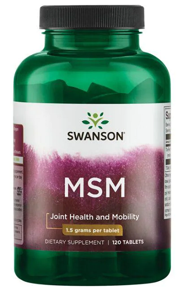 A bottle of Swanson MSM - 1,500 mg 120 tabs, known for its joint health benefits and collagen structure support. With its powerful anti-inflammatory properties, this supplement is a must-have for maintaining overall wellbeing.