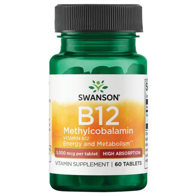 A bottle of Swanson Vitamin B-12, Methylcobalamin with 60 neurologically active tablets, each containing 5,000 mcg.