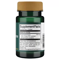 Thumbnail for A green bottle of Swanson supplements, named Phosphatidylserine 100 mg 30 Softgels, is designed to support brain health and features a label listing the main supplement ingredient: Phosphatidylserine 100 mg. It also contains other ingredients such as MCT oil, gelatin, glycerin, and purified water and includes bioengineered ingredients.