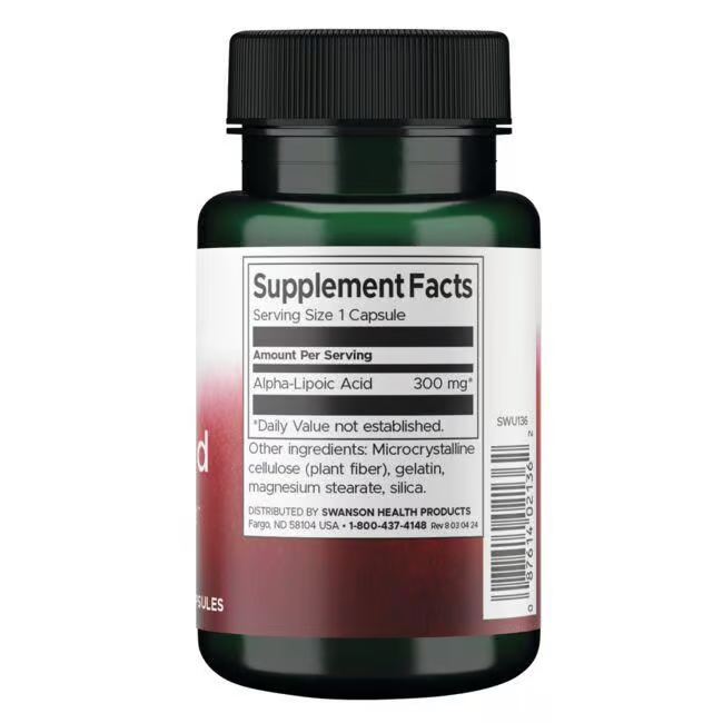 Swanson's Alpha Lipoic Acid 300 mg comes in green-labeled bottles with black caps. This potent antioxidant, as per supplement facts, supports cardiovascular health.