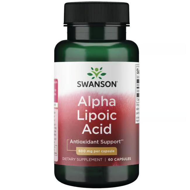 Swanson's Alpha Lipoic Acid supplement offers 60 capsules, each with 600 mg of antioxidants for metabolic support and wellness, enhancing your body's defenses.