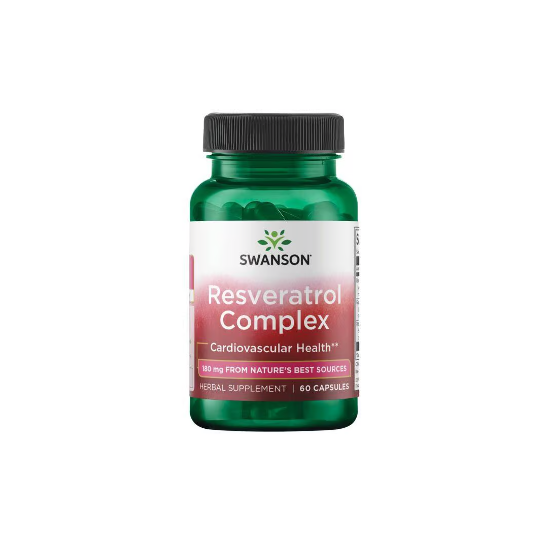 Swanson's Resveratrol Complex, a green bottle with 60 capsules, is rich in antioxidants and supports cardiovascular health.