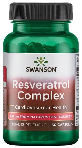A bottle of Swanson's Resveratrol Complex 60 caps, providing antioxidant protection for cell longevity and supporting a healthy cardiovascular system.