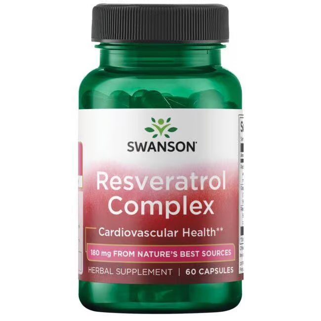 A bottle of Swanson's Resveratrol Complex, known for antioxidant benefits and supporting heart health, contains 60 green capsules at a 180 mg dosage.