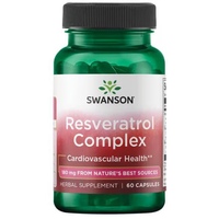 Thumbnail for A bottle of Swanson's Resveratrol Complex, known for antioxidant benefits and supporting heart health, contains 60 green capsules at a 180 mg dosage.