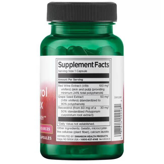 The green bottle of Swanson's "Resveratrol Complex 60 Capsules" dietary supplement is rich in antioxidants, including red wine and grape seed extracts, to support cardiovascular health.