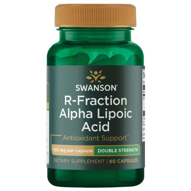 Swanson R-Fraction Alpha Lipoic Acid, 100 mg, 60 capsules in a green bottle promotes cardiovascular health with "Antioxidant Support" and is labeled "Double Strength.