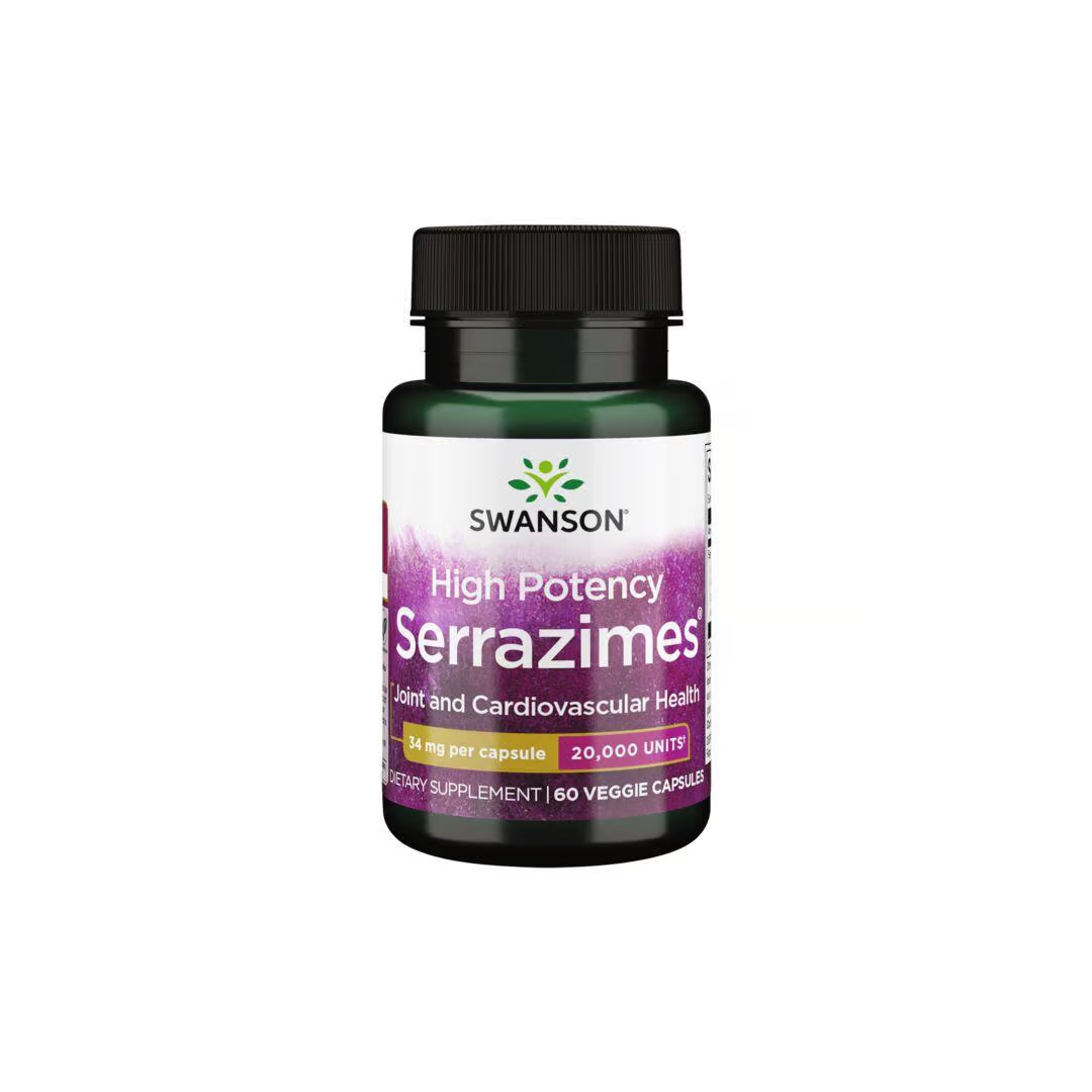 Swanson High Potency Serrazimes 20,000 Units offers 60 veggie capsules with powerful proteolytic enzymes to support joint and cardiovascular health.