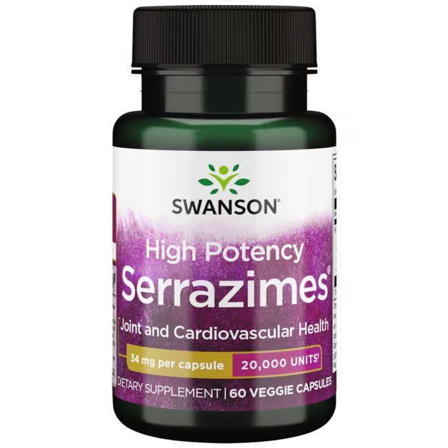 Swanson High Potency Serrazimes 20,000 Units offers 60 veggie capsules with proteolytic enzymes (34 mg each) to support joint and cardiovascular health.