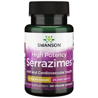 Thumbnail for Swanson High Potency Serrazimes 20,000 Units offers 60 veggie capsules with proteolytic enzymes (34 mg each) to support joint and cardiovascular health.