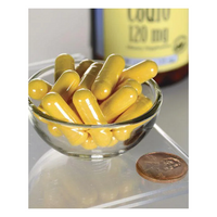 Thumbnail for A small glass bowl with several yellow capsules, identified as Swanson Coenzyme Q10 120 mg 100 Capsules, lies next to a penny with a blurred medicine bottle in the background.