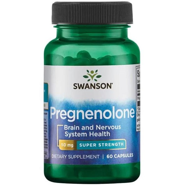 A bottle of Swanson Pregnenolone - 50 mg 60 capsules, a hormonal precursor known to support brain function.