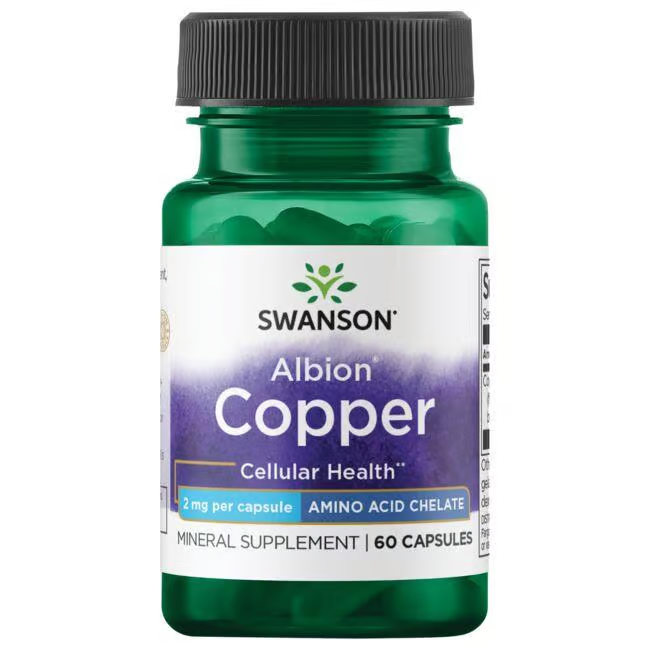 Swanson’s Albion Copper 2 mg supplement supports cellular health with 60 green capsules, each containing 2 mg of copper as Albion bisglycinate chelate.