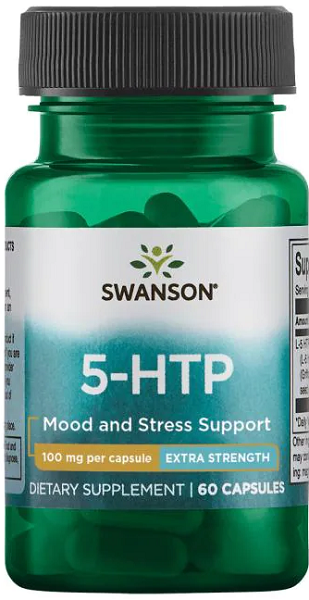 A bottle of Swanson 5-HTP Extra Strength - 100 mg 60 capsules mood and stress support.