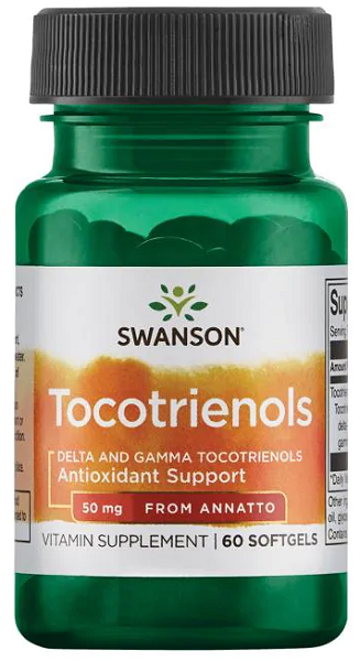 A bottle of Swanson Tocotrienols - 50 mg 60 softgel, providing antioxidant support for healthy cholesterol levels.
