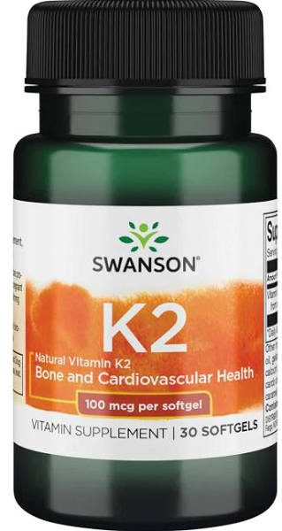 A bottle of Swanson Vitamin K2 - MK-7 - 100 mcg 30 softgels, known for promoting healthy bones and combating osteoporosis.