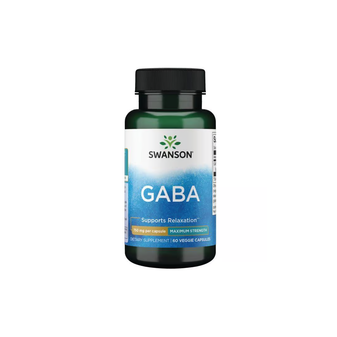 Swanson's GABA 750 mg, Maximum Strength, promotes relaxation and restful sleep. The green bottle contains 60 veggie capsules.