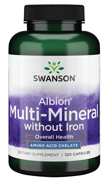 Swanson Multi-Mineral without Iron Albion - 120 capsules, utilizing Albion's breakthrough chelation technologies for highly absorbable mineral glycinates.