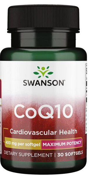 A bottle of Swanson Coenzyme Q10 - 400 mg 30 softgels.
