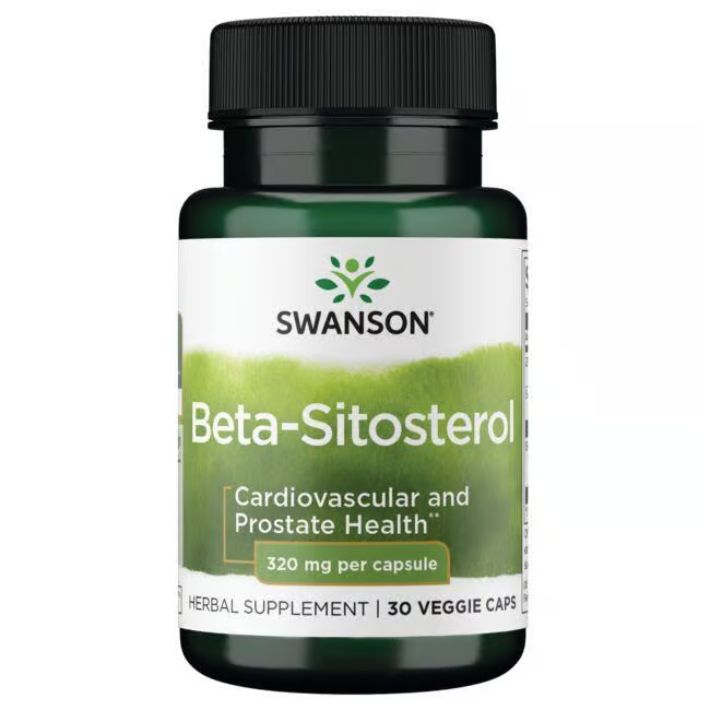 A bottle of Swanson Beta-Sitosterol dietary supplement, known for heart and prostate health, contains 320 mg per capsule with 30 veggie capsules.