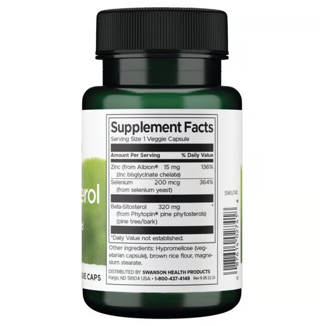 Swanson's Beta-Sitosterol 320 mg, in a 30 veggie capsule bottle, features supplement facts and supports prostate and heart health.