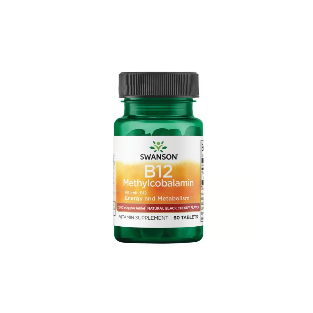 A green-labeled "Swanson Vitamin B-12 - 2500 mcg 60 tabs Methylcobalamin" bottle boasts a natural black cherry flavor, designed to enhance energy production and metabolism.