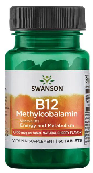 A bottle of Swanson Vitamin B-12 - 2500 mcg 60 tabs Methylcobalamin, known for its benefits in energy production and red blood cell production.