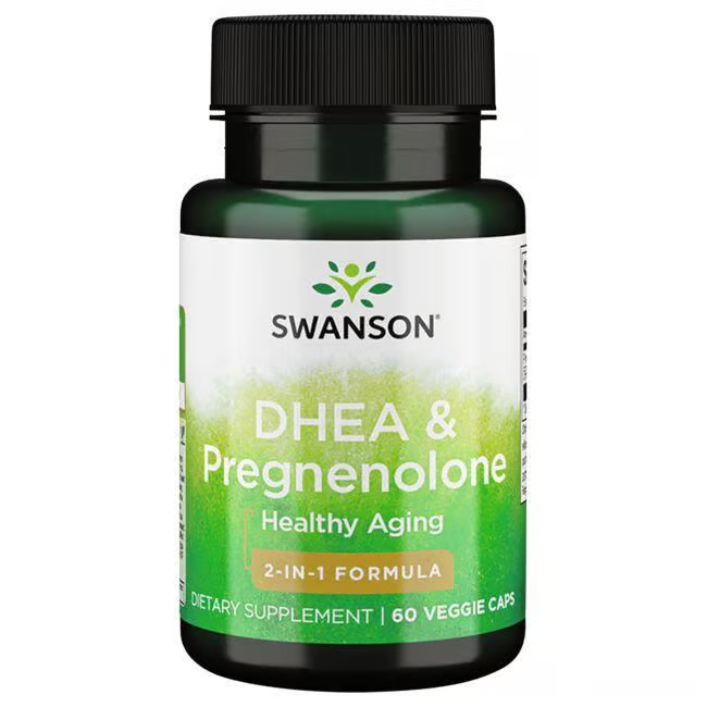 Swanson's DHEA 25 mg & Pregnenolone 100 mg supplement, featuring a 2-in-1 formula for healthy aging and hormonal balance, comes in a bottle of 60 veggie capsules.