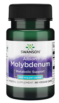 Thumbnail for A bottle of Swanson's Molybdenum - 400 mcg 60 capsules Albion Chelated, a chelated mineral crucial for metabolism and absorption.